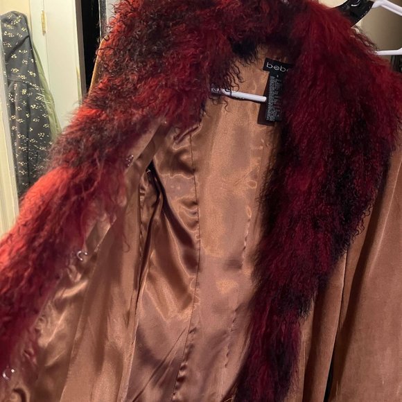 BEBE Tan Suede Jacket with Deep Red Mongolian Fur Trim - Picture 5 of 6